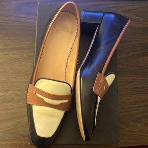 J.Crew, black, white and tan heeled penny loafers, size 10